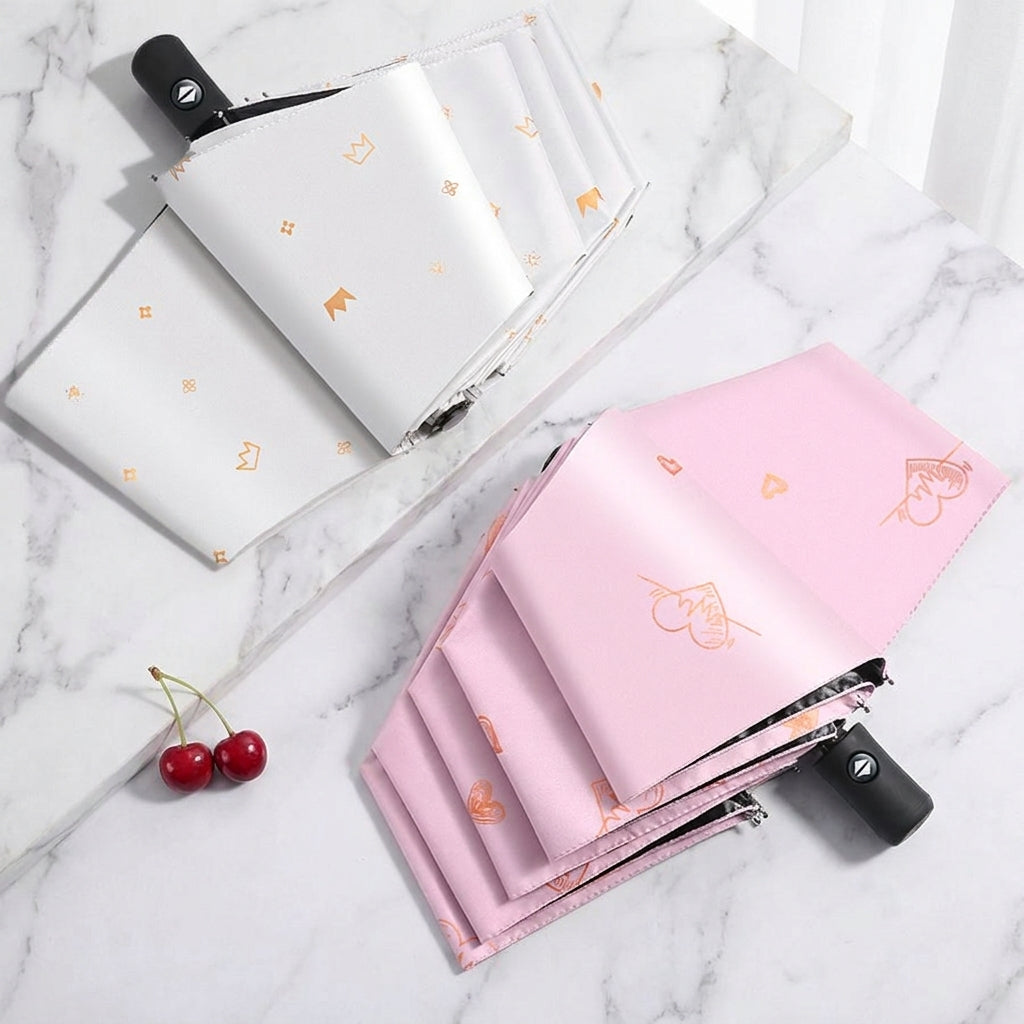 Automatic Folding Umbrella - UV-Proof & Rain-Proof with Gold Crown & Heart Design, Unisex for Students