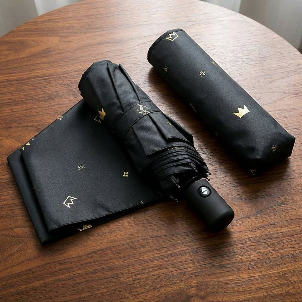 Automatic Folding Umbrella - UV-Proof & Rain-Proof with Gold Crown & Heart Design, Unisex for Students