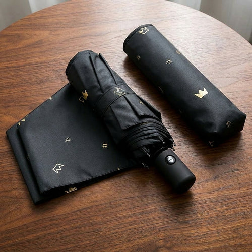 Automatic Folding Umbrella - UV-Proof & Rain-Proof with Gold Crown & Heart Design, Unisex for Students