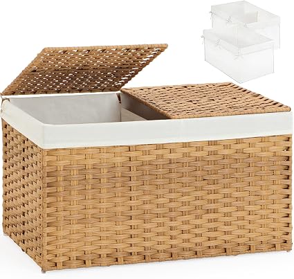 Storage Basket with Lid, PE Rattan Woven Storage Baskets with 2 Separate Lids, 17.2 Gallon (65 L), 22.2 x 13 x 13.8 Inches, 2 Removable Liner Bags Handles for Bedroom, Laundry Room Gray