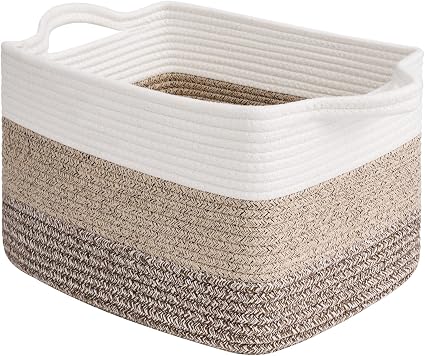 Storage Basket, 13"x10"x9" Cotton Rope Organizer for Dog Toys, Books, Stylish Gift Basket with Handles, Small Laundry Baskets for Shelves, Gradient Brown
